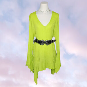 Vtg 90s Y2k Dress U Asymmetric Bright Neon Green Crinkly Bell Sleeve Long Top XL